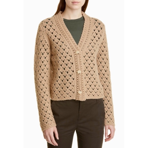 VINCE Crochet Cardigan Sweater Cashmere Wool Amber Light Cropped Knitwear Small - Picture 1 of 15